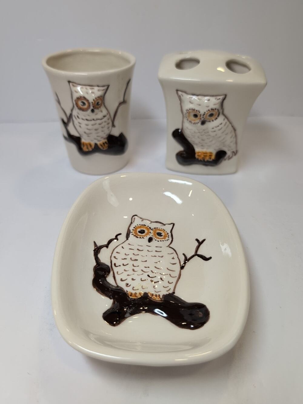Vintage Ceramic 3D Owl Bathroom Set 1970's Hand painted